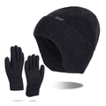 Men's winter knit beanie hat and gloves set with warm fleece lining in black color - Deep Heather Grey