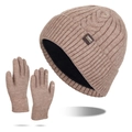 Set de invierno con gorro de punto trenzado marrón claro y guantes táctiles con forro polar - Conjunto de Gorro y Guantes / Caqui