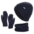 Ensemble d'hiver 3 pièces avec bonnet en tricot bleu marine, tour de cou et gants tactiles - Bleu Marine