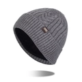 Winter grey knit beanie for men with warm fleece lining and leather logo detail - Medium Heather Grey