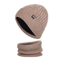 Winter thermal cable knit hat and neck gaiter set with fleece lining in light khaki color - Khaki