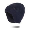 Winter rib-knit earflap beanie in navy blue featuring a warm fleece lining and metal logo - Navy Blue