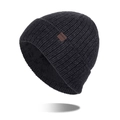 Thick knit winter beanie with warm fleece lining and leather patch detail for men - Deep Heather Grey