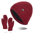 Burgundy winter knit hat and touchscreen gloves set with thick fleece lining for men - Beanie and Gloves Set / Red