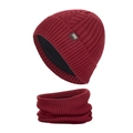 Men's wine red winter knit beanie hat and neck warmer set with thick fleece lining - Red