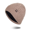 Thick knitted beanie hat in camel color with warm fleece lining and metal logo - Khaki