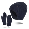 Dark blue winter knit beanie and touch screen gloves set with fleece lining for men - Navy Blue