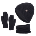 Black three-piece winter set with knitted hat, neck warmer and gloves for men - Black