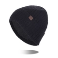 Thick knit black beanie for men with warm fleece lining and a vintage leather patch - Black