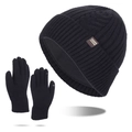Men's black thermal knitted beanie and touchscreen glove set with fleece lining - Beanie and Gloves Set / Black
