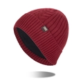 Burgundy cable knit beanie for men with warm fleece lining and leather brand patch - Red