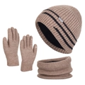 Winter thermal knit set with fleece-lined hat, touch screen gloves and neck scarf in camel - Khaki