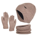 Winter knitted warm set in oatmeal beige featuring fleece lining and touchscreen gloves - Khaki