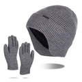 Dark grey winter knit beanie with ear flaps and matching touchscreen gloves set - Medium Heather Grey