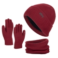 Dreiteiliges Winterstrickset mit Beanie, Schal und Handschuhen in tiefem bordeauxrot - Rot