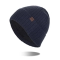 Men's winter knit beanie in dark grey with warm fleece lining and leather label - Navy Blue