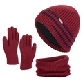 Three-piece warm winter knit set including hat, scarf, and gloves in dark wine red - Red