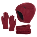 Winter 3-piece knit set in wine red with fleece lining, beanie, scarf, and gloves - Red