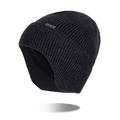Men's black knitted ear protection beanie with warm thick lining and metal logo plate - Deep Heather Grey