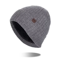 Grey chunky knit beanie with thick fleece lining and brown leather patch detail - Medium Heather Grey