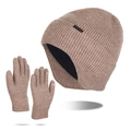 Winter thermal set featuring brown cable knit beanie with fleece lining and matching gloves - Khaki