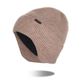Men's winter knit beanie in brown with thick fleece lining and side leather patch - Khaki