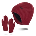 Winter set with burgundy ribbed knit beanie and touchscreen gloves in thick fleece lining - Red