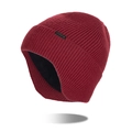 Winter knitted earflap beanie in wine red with thick black fleece lining for warmth - Red