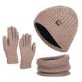 Three-piece winter knit set with fleece-lined hat, scarf, and gloves in light khaki - Khaki