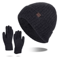 Winter men's knitted beanie hat and gloves set with thick fleece lining in dark grey color - Deep Heather Grey