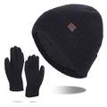 Winter set with black knitted beanie, fleece lining and matching knitted gloves - Black