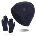 Dark blue winter knit beanie and touch-screen gloves set with warm fleece lining - Navy Blue