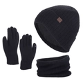 Black winter knit set including fleece-lined hat, touch-screen gloves, and neck gaiter - Black