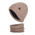 Men's winter knit beanie and neck warmer set with fleece lining in khaki finish - Khaki