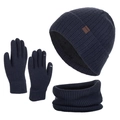Three-piece winter set with navy blue thermal knit hat, scarf and touchscreen gloves - Navy Blue