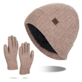 Winter thermal knit beanie set with thick plush lining and touchscreen gloves in light coffee - Khaki