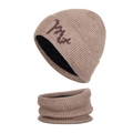 Winter knit beanie and neck warmer set in light brown with warm fleece lining - Khaki