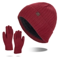 Men's winter knit beanie hat and gloves set in burgundy with cozy warm fleece lining - Red