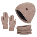 Three-piece khaki winter set including fleece-lined knit hat, neck warmer and touchscreen gloves - Khaki