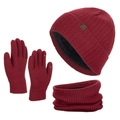 Burgundy knitted winter set with fleece-lined hat, neck gaiter, and touch gloves - Red