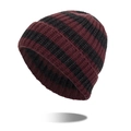 Winter striped knit beanie in deep red and black with ribbed cuff for warmth - Red/Black
