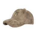 Gorra de béisbol de felpa marrón de invierno con logo C dorado y textura de piel sintética - Caqui