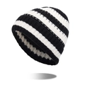 Classic black and white horizontal striped knit beanie hat for winter warmth - Black/White