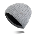 Thick grey knitted beanie for men with warm black fleece lining and metal label - Light Gray