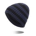 Winter striped beanie hat in navy blue and black rib knit for warmth and casual style - Navy/Black
