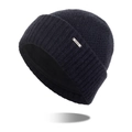 Men's black knitted winter beanie hat with thick fleece lining and metal logo tag - Navy Blue