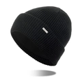 Classic black ribbed knit beanie with silver metal logo tag for winter warmth - Black