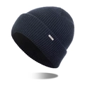 Navy blue knitted wool beanie featuring vertical texture and silver metal brand tag - Navy Blue