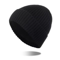 Winter men's black knit beanie with ribbed texture and warm fleece lining for outdoors - Black