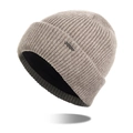 Light khaki ribbed knit beanie with cozy black fleece lining and metal side detail - Khaki